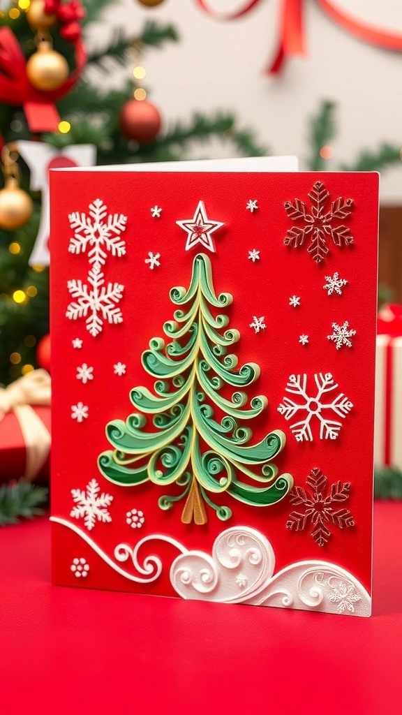 A quilled Christmas card with a tree and snowflakes, surrounded by holiday decorations.
